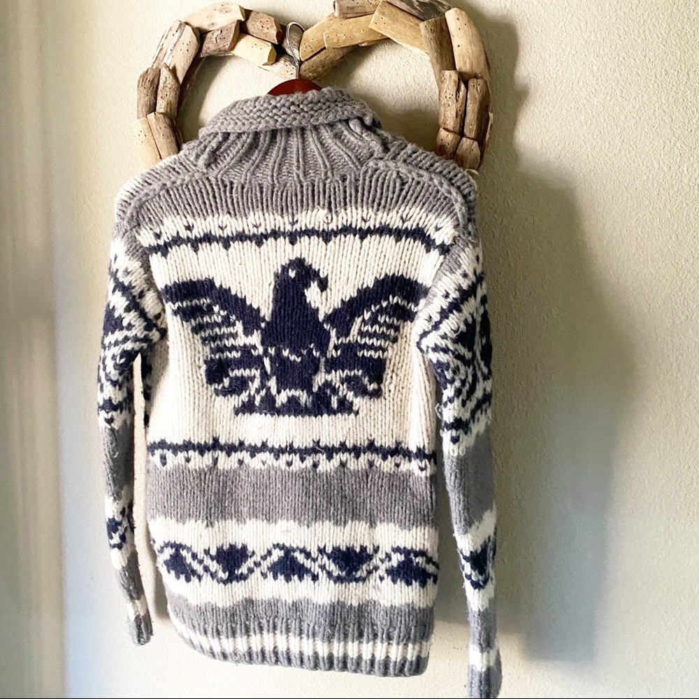 Fossil Wool Cardigan Sweater Boho Tribal Fair Isle Button Up Eagle Grey White XS
